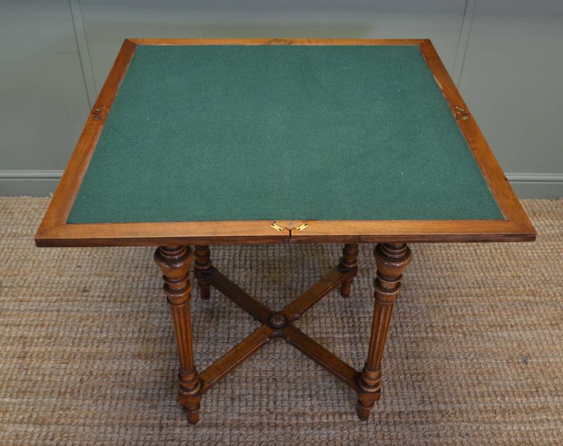 Victorian Walnut Antique Envelope Bridge Table with green baize