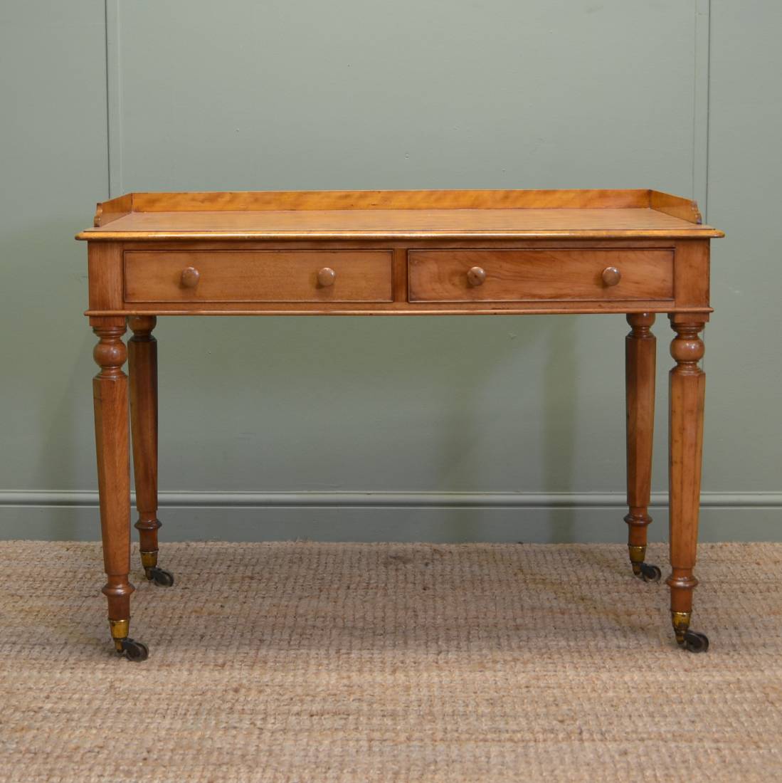Antique Furniture by Miles and Edwards (C Hindley) 2 Elegant Quality Satin Birch Writing Table by C Hindley, Late Miles & Edwards