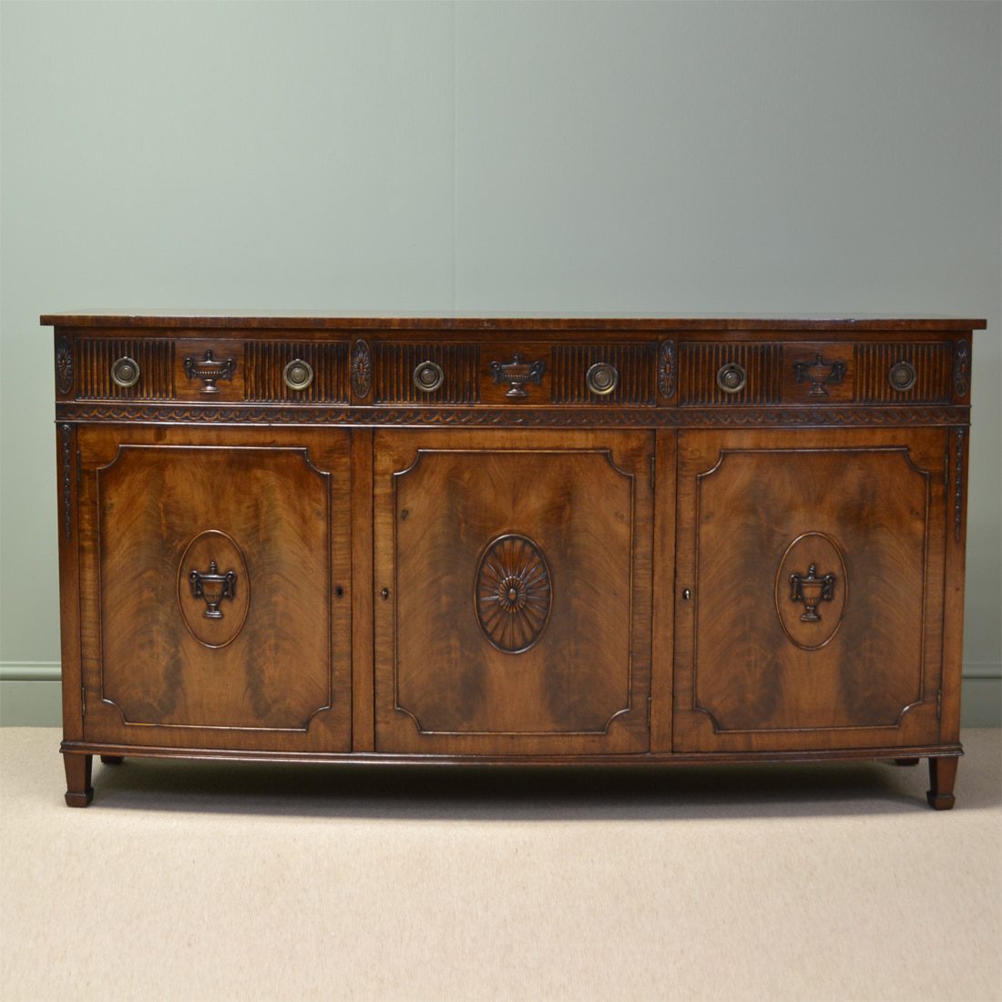 Striking Quality Antique Mahogany Edwardian Bow Fronted Sideboard by S & H Jewell