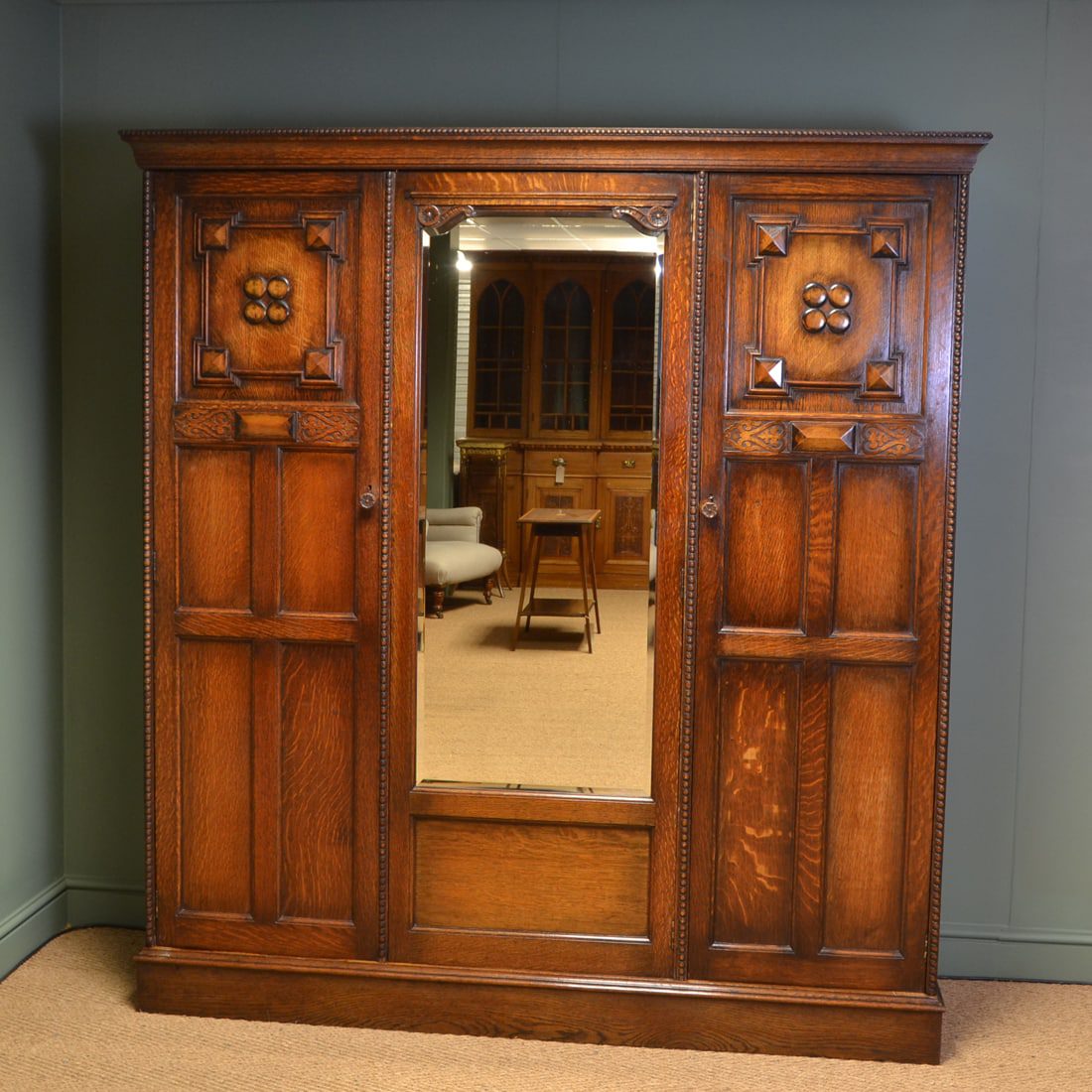 Waring and Gillows Edwardian Oak Antique Triple Wardrobe