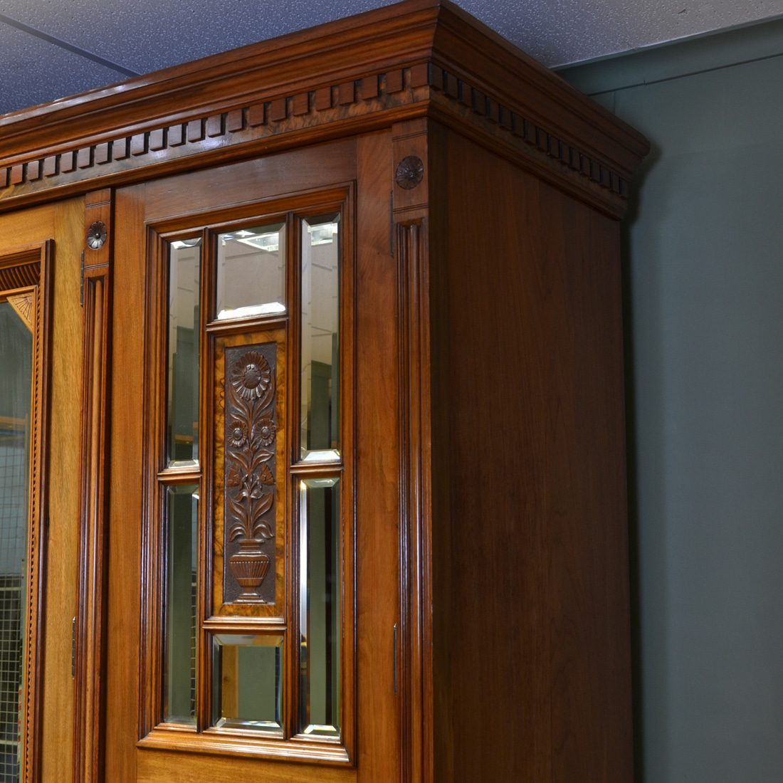 Magnificent Huge Victorian Golden Walnut Antique Triple Wardrobe by Harrison & Son Burnley