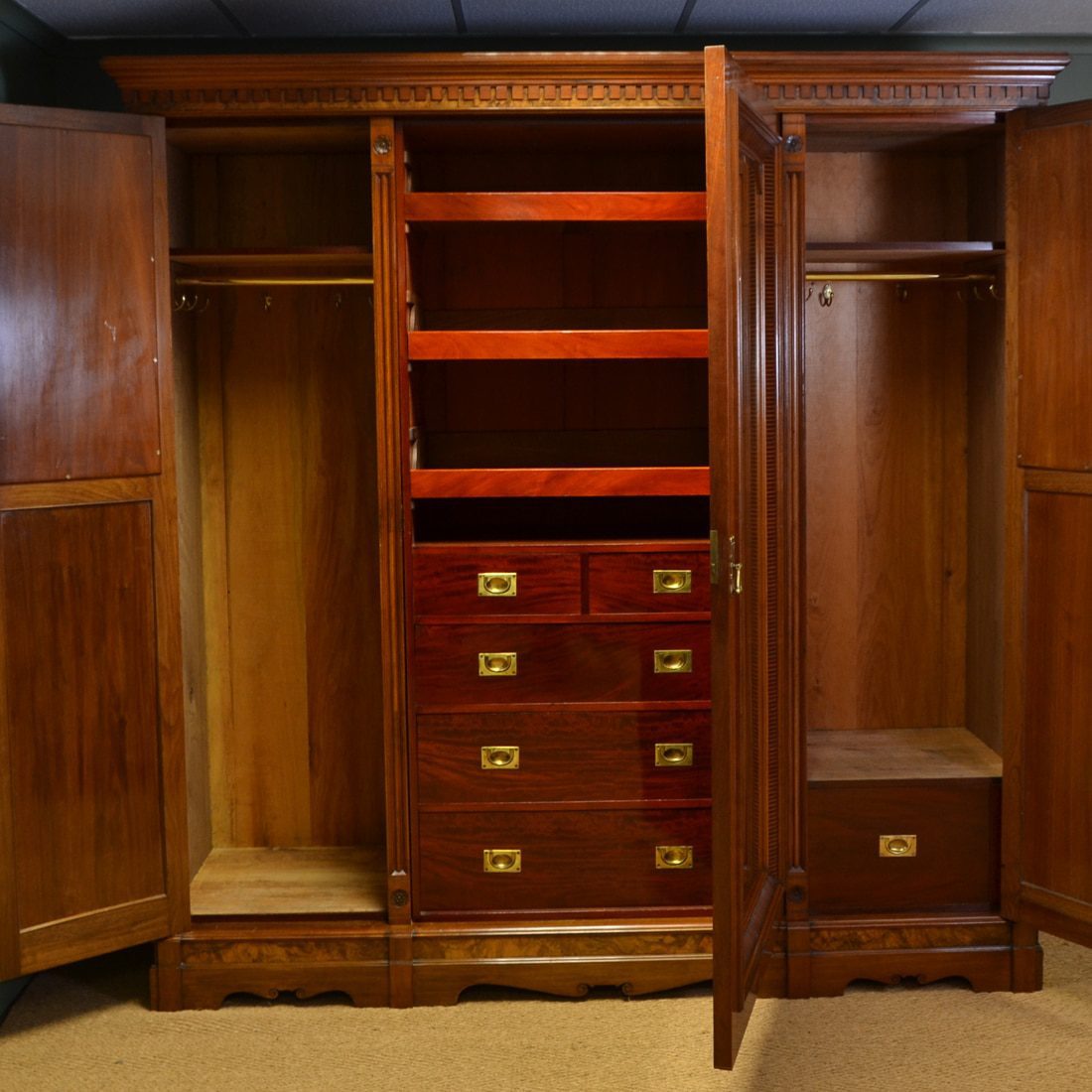 Magnificent Huge Victorian Golden Walnut Antique Triple Wardrobe by Harrison & Son Burnley