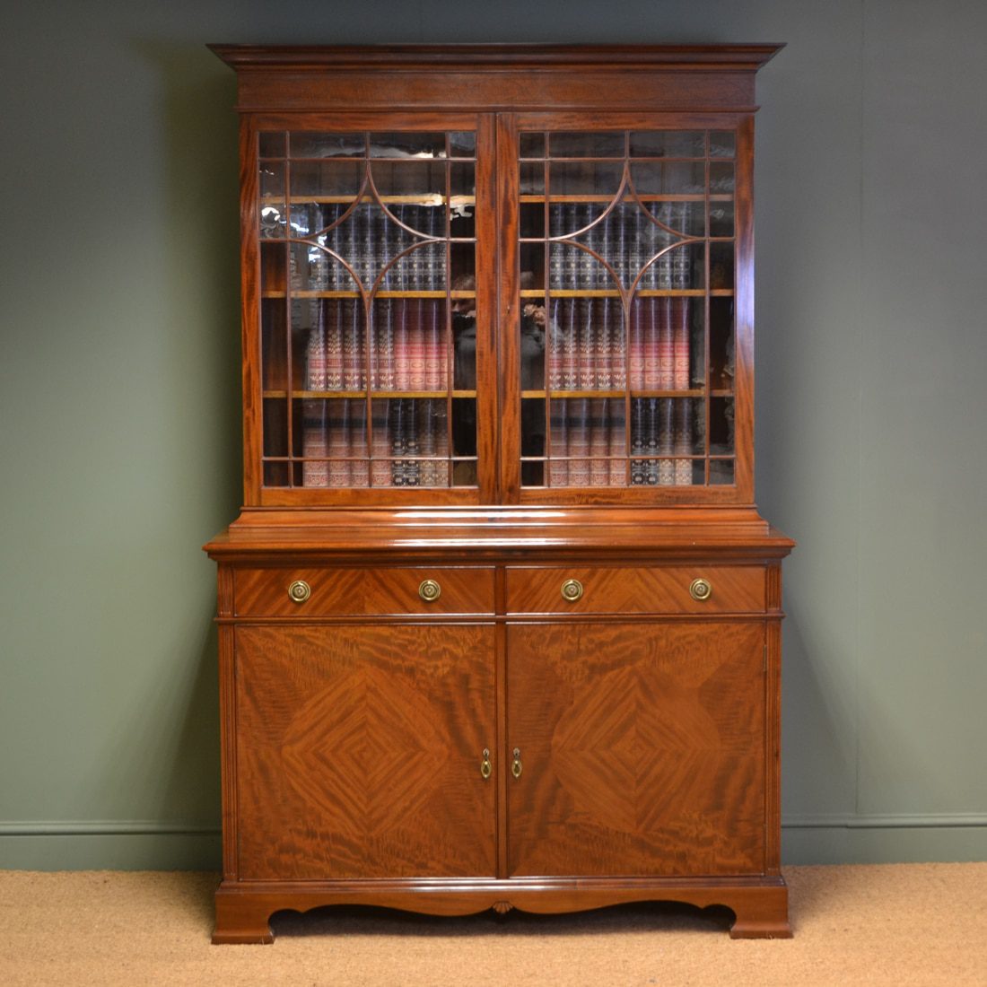 English Cabinet Makers - A to Z. 16 Exceptional Inlaid Edwardian Antique Glazed Bookcase On Cupboard