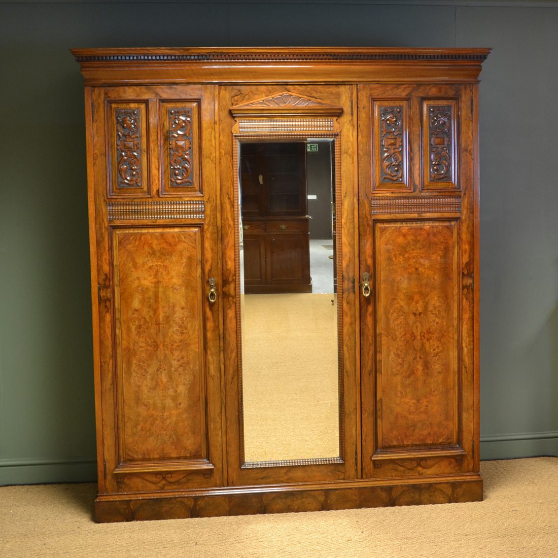 English Cabinet Makers - A to Z. 66 Striking Victorian Figured Burr Walnut Antique Triple Wardrobe By Philips & Jones