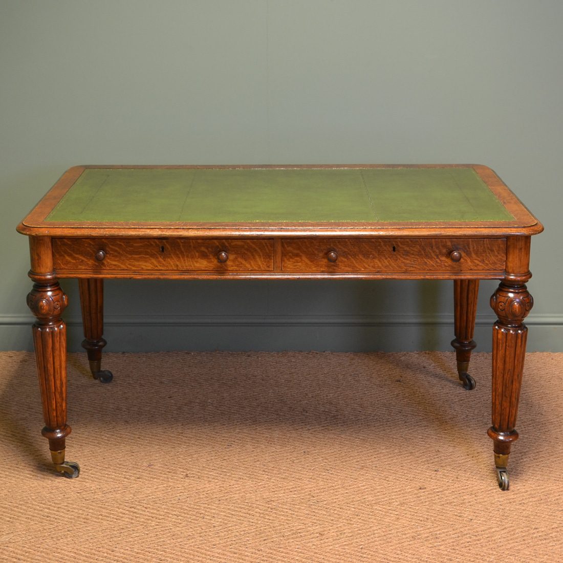 Antique Furniture by Miles and Edwards (C Hindley) 4 Spectacular Quality Figured Oak Victorian Antique Writing Table by Hindley & Sons