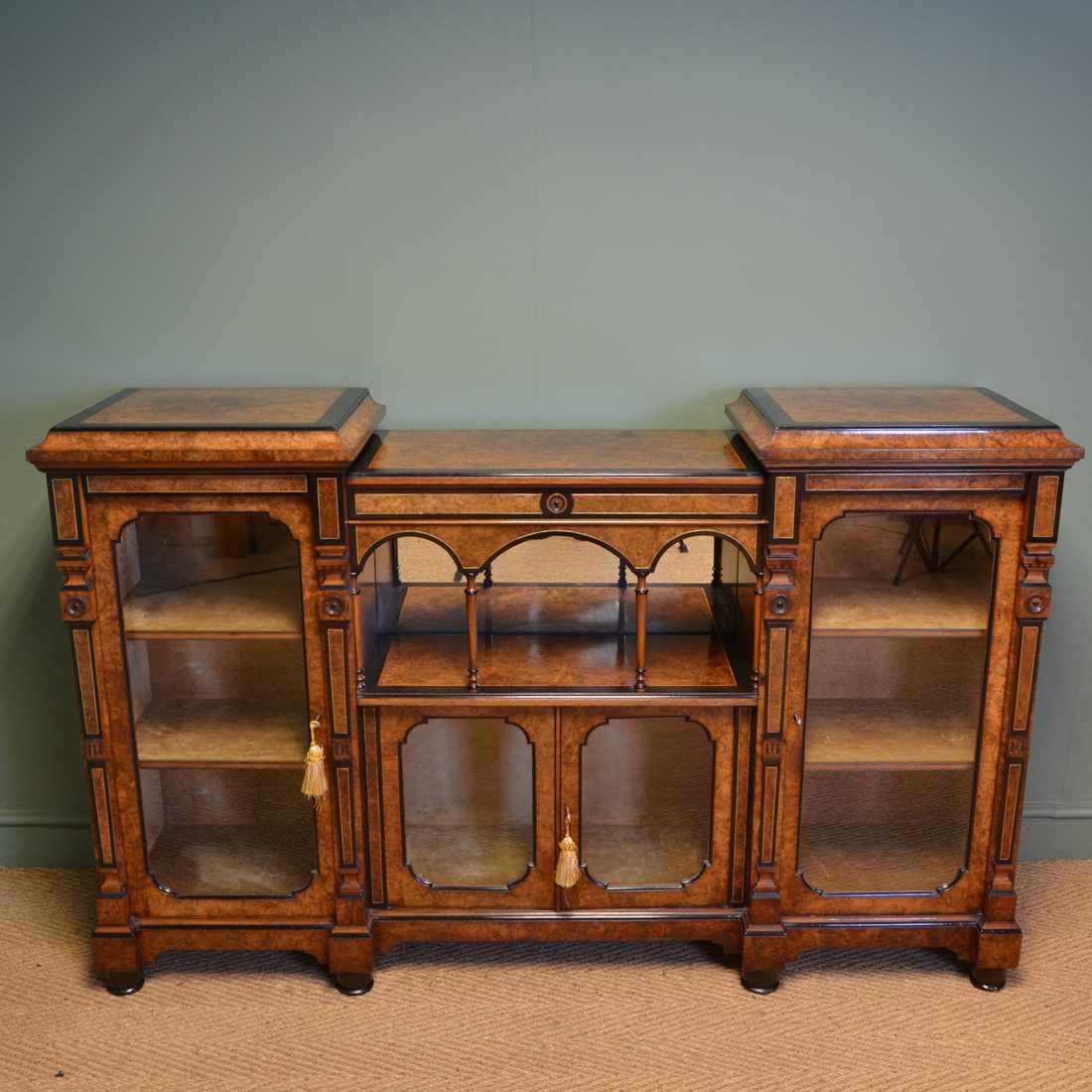 Magnificent Marsh, Jones & Cribb Figured Burr Walnut Victorian Antique Credenza