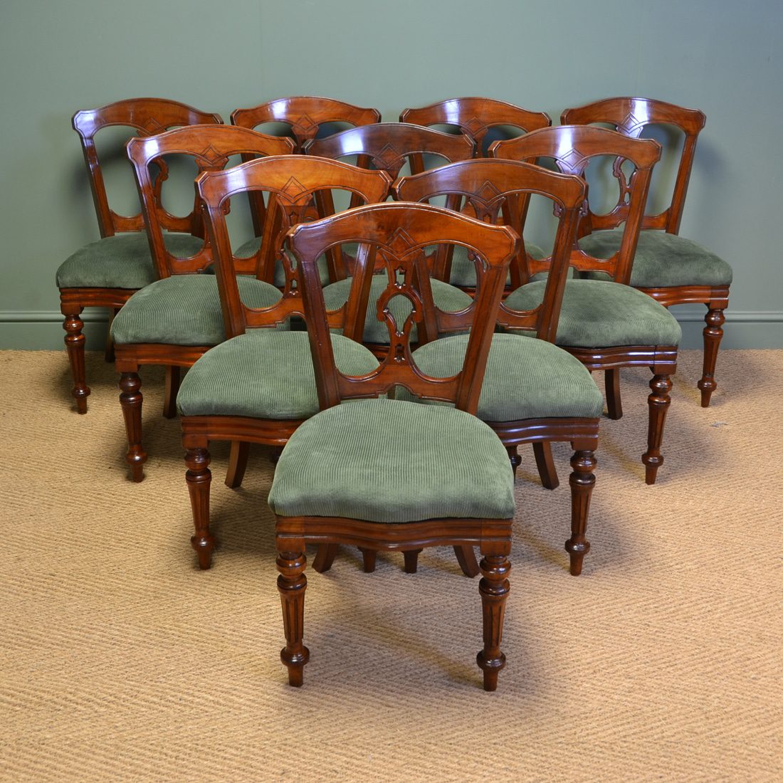 English Cabinet Makers - A to Z. 48 Superb Quality Set of Ten Victorian Mahogany Antique Dining Chairs by J. Reilly
