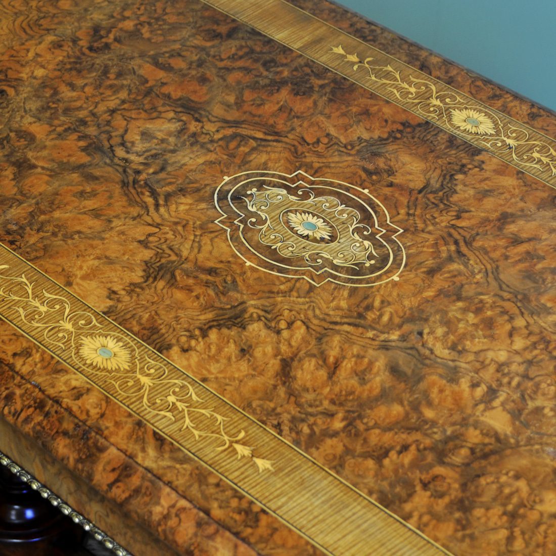 Antique Inlaid Furniture 1 Striking Figured Walnut Victorian Inlaid Antique Centre / Side Table