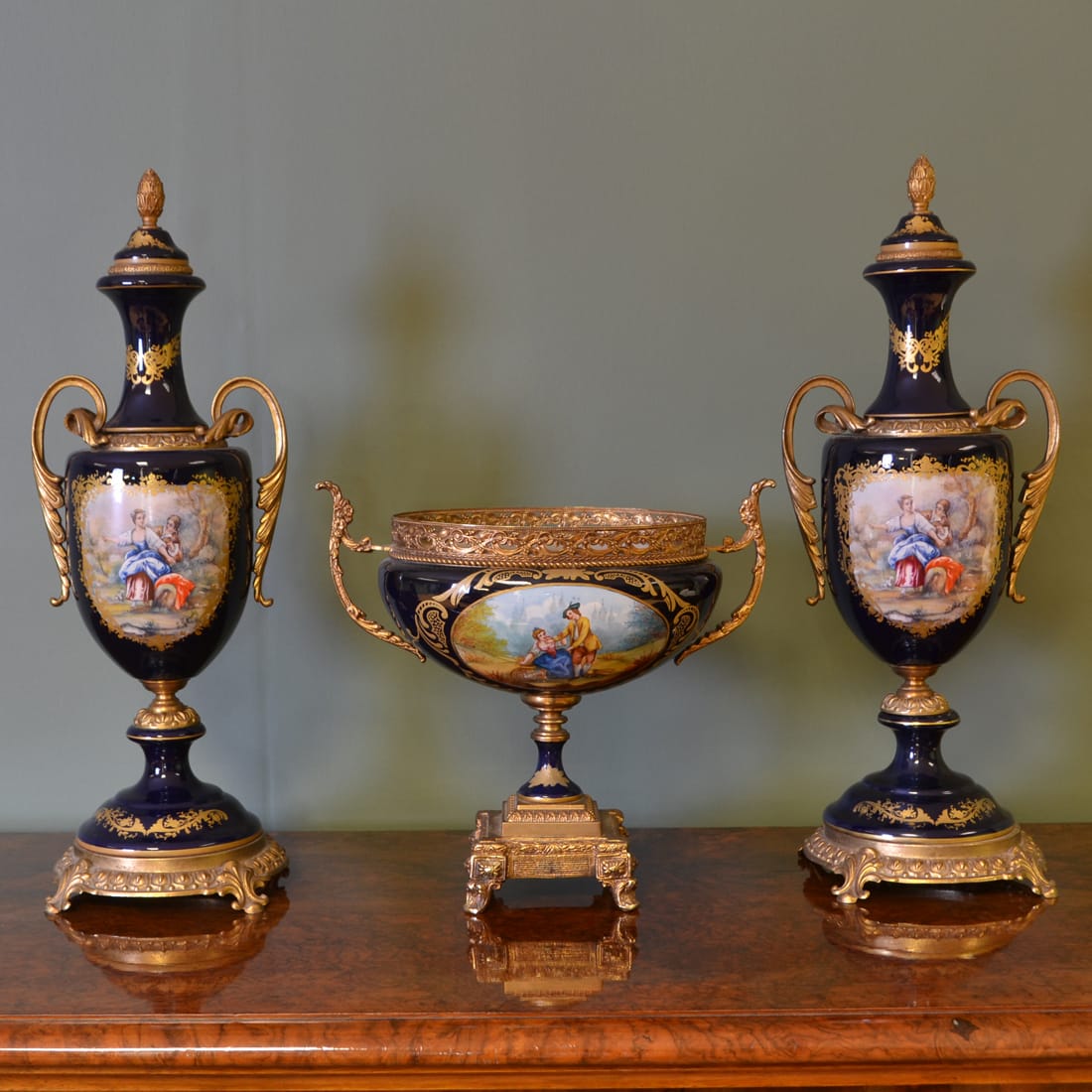 Unusual Three Piece Antique Porcelain Mantle piece Set