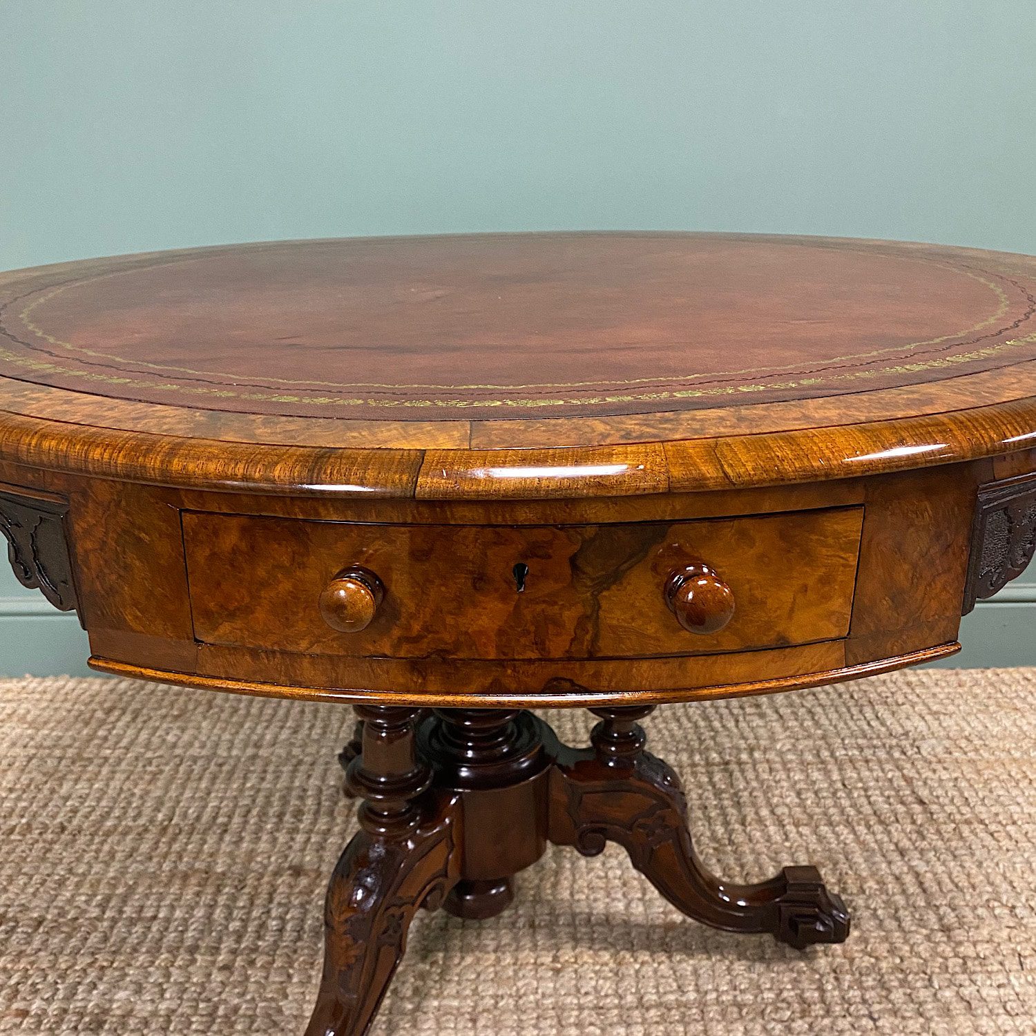 Unusual Victorian Burr Walnut Antique Drum Table 9 Unusual Victorian Burr Walnut Antique Drum Table
