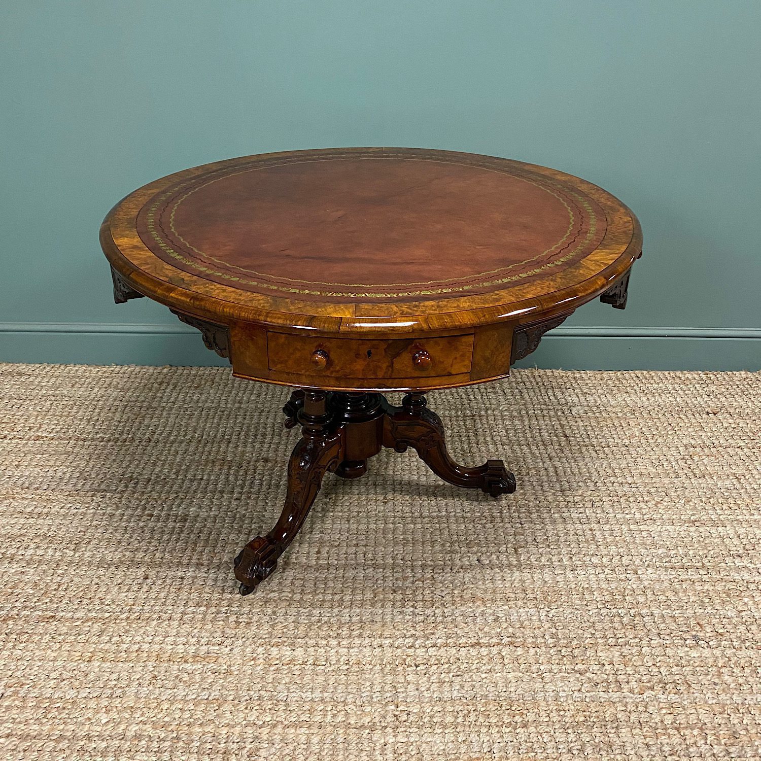Unusual Victorian Burr Walnut Antique Drum Table 3 Unusual Victorian Burr Walnut Antique Drum Table