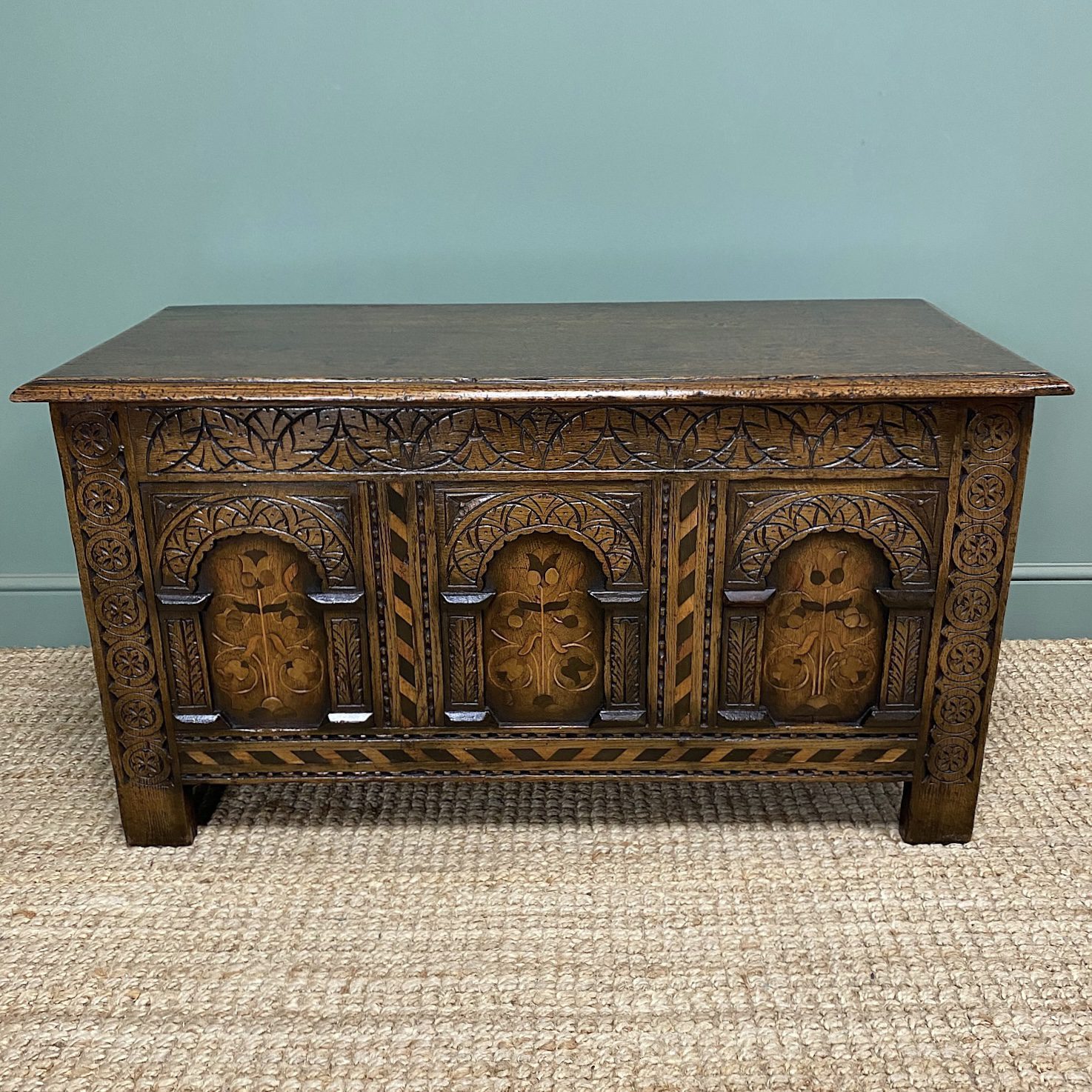 Quality Antique Inlaid Oak Coffer 1 Quality Antique Inlaid Oak Coffer
