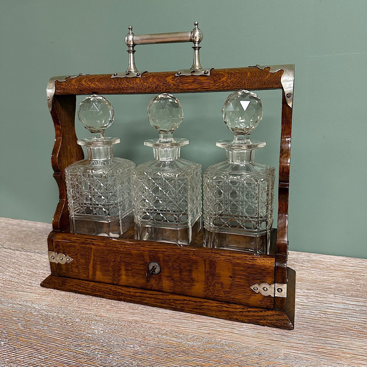 Quality Victorian Oak Antique Tantalus 7 Quality Victorian Oak Antique Tantalus