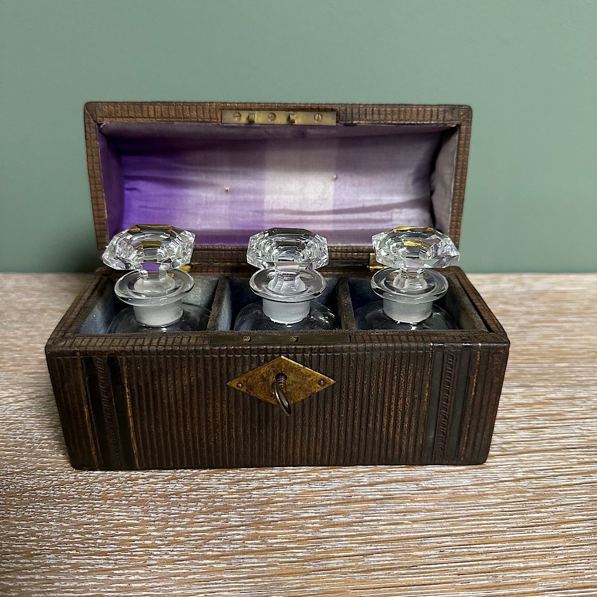 Unusual Antique Casket with 3 Cut Glass Bottles 4 Unusual Antique Casket with 3 Cut Glass Bottles