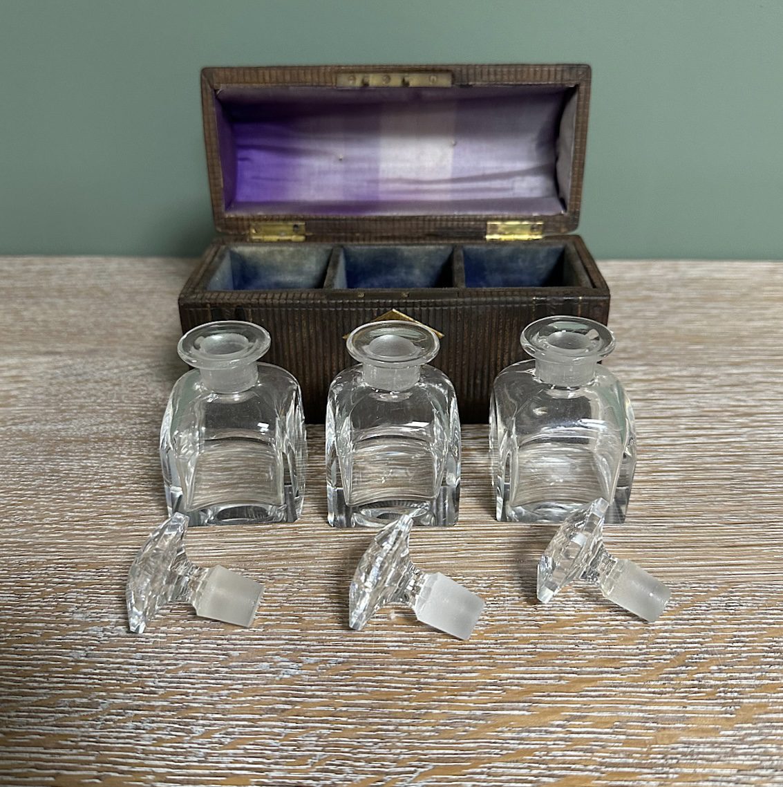 Unusual Antique Casket with 3 Cut Glass Bottles 1 Unusual Antique Casket with 3 Cut Glass Bottles