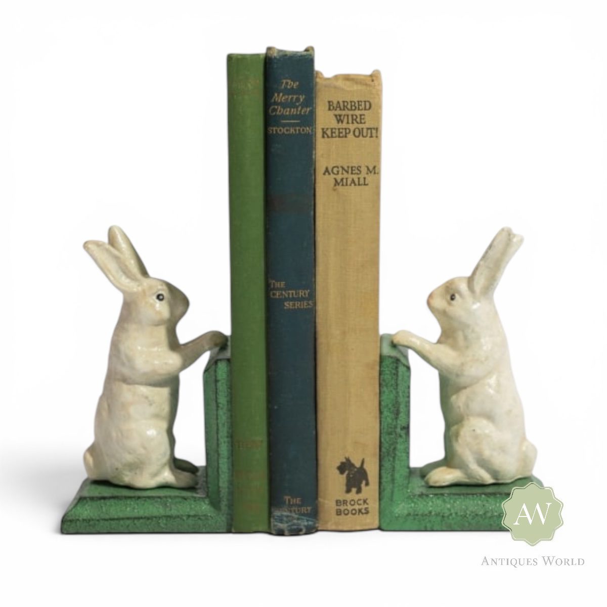Cast Iron Antiqued White Rabbit Bookends 2 Cast Iron Antiqued White Rabbit Bookends