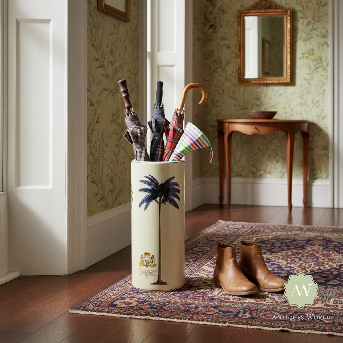 Ceramic Lithograph Palm Tree with Royal Seal Umbrella Stand 3 Ceramic Lithograph Palm Tree with Royal Seal Umbrella Stand