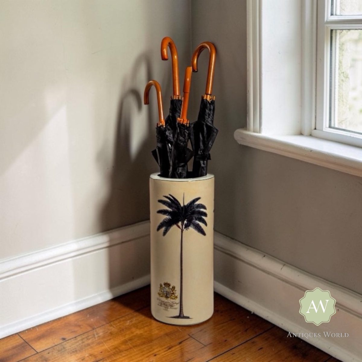Ceramic Lithograph Palm Tree with Royal Seal Umbrella Stand 6 Ceramic Lithograph Palm Tree with Royal Seal Umbrella Stand