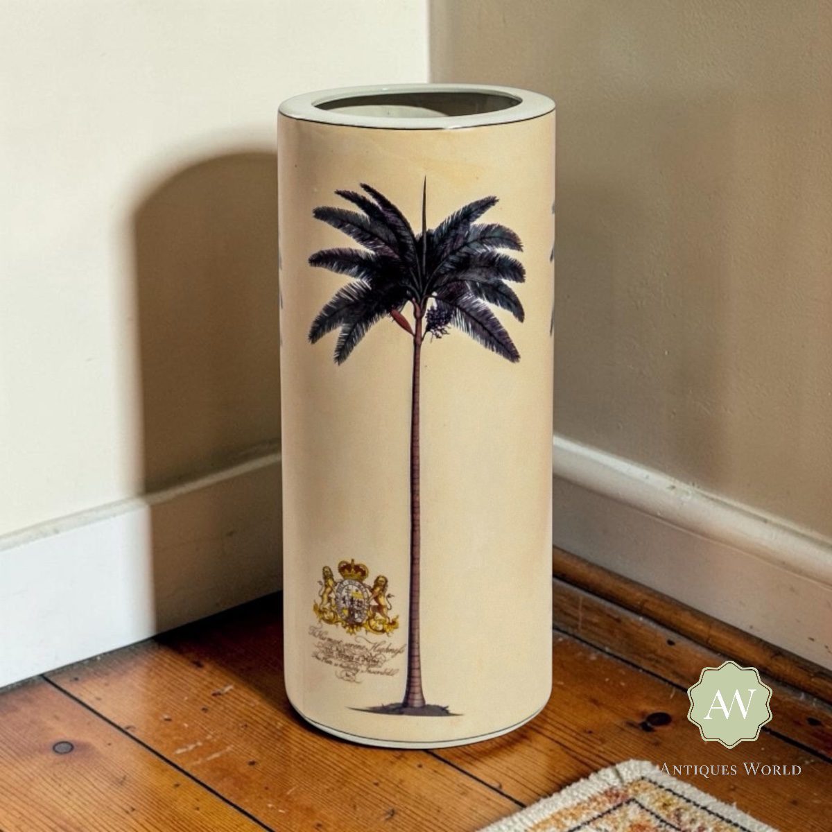 Ceramic Lithograph Palm Tree with Royal Seal Umbrella Stand 4 Ceramic Lithograph Palm Tree with Royal Seal Umbrella Stand