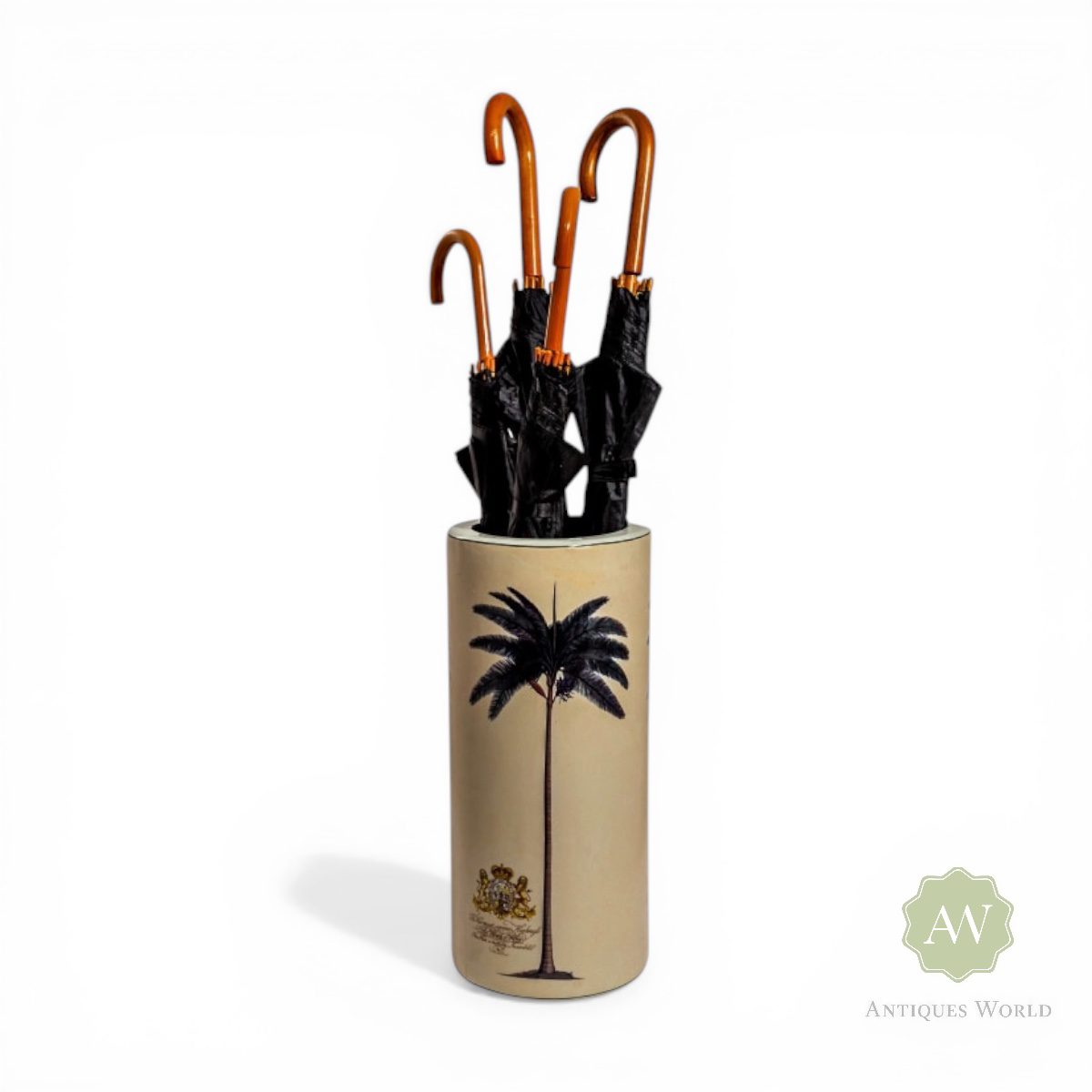 Ceramic Lithograph Palm Tree with Royal Seal Umbrella Stand 2 Ceramic Lithograph Palm Tree with Royal Seal Umbrella Stand