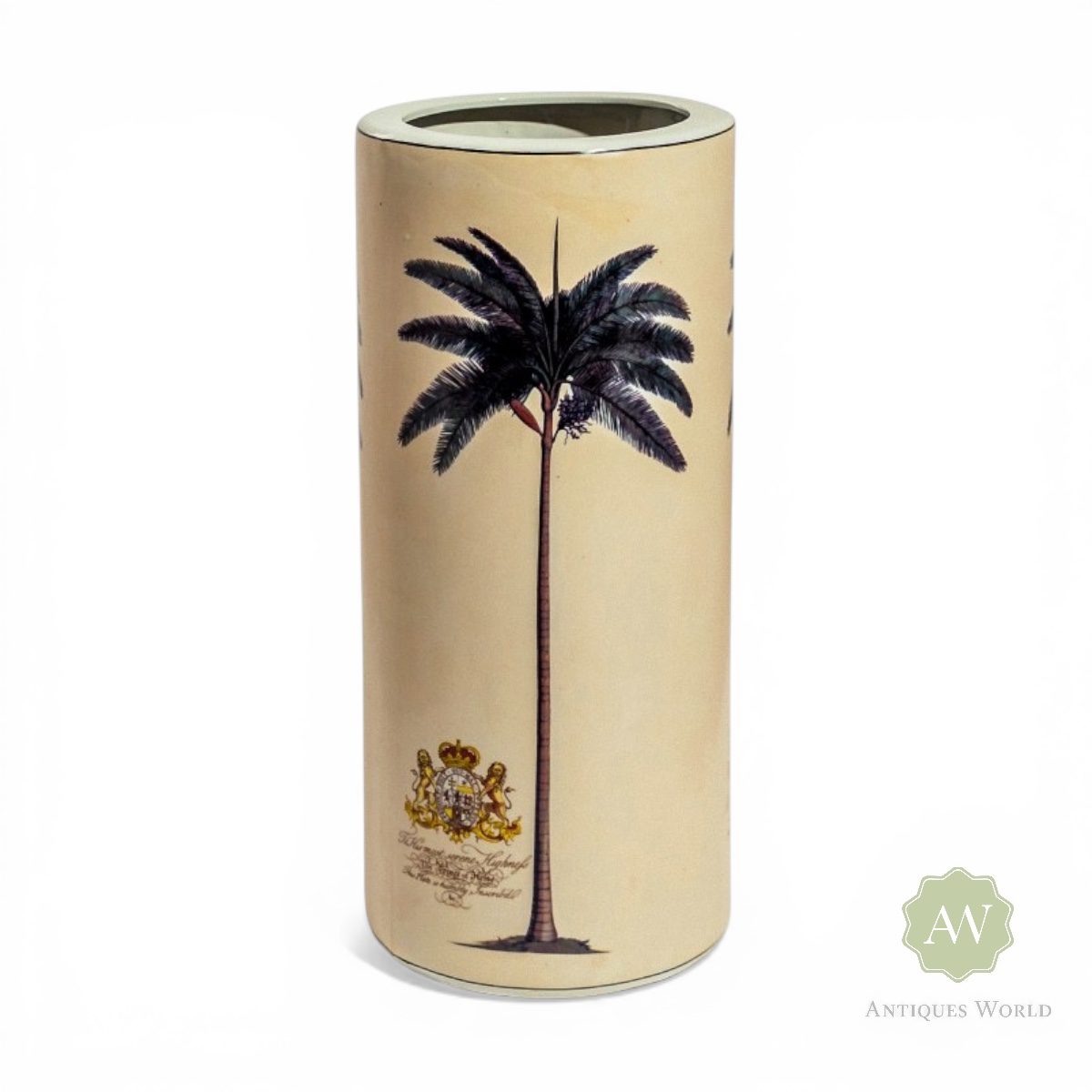 Ceramic Lithograph Palm Tree with Royal Seal Umbrella Stand 1 Ceramic Lithograph Palm Tree with Royal Seal Umbrella Stand