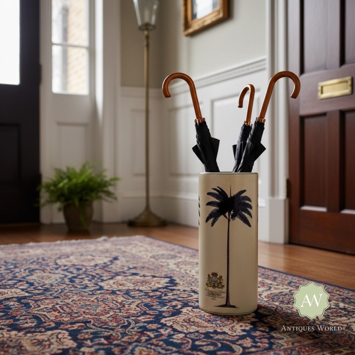 Ceramic Lithograph Palm Tree with Royal Seal Umbrella Stand 8 Ceramic Lithograph Palm Tree with Royal Seal Umbrella Stand