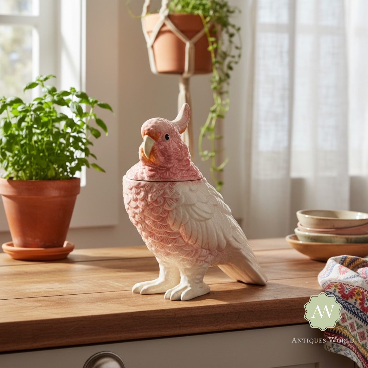 Pink & White Ceramic Parrot Storage Jar / Vase 5 Pink & White Ceramic Parrot Storage Jar / Vase