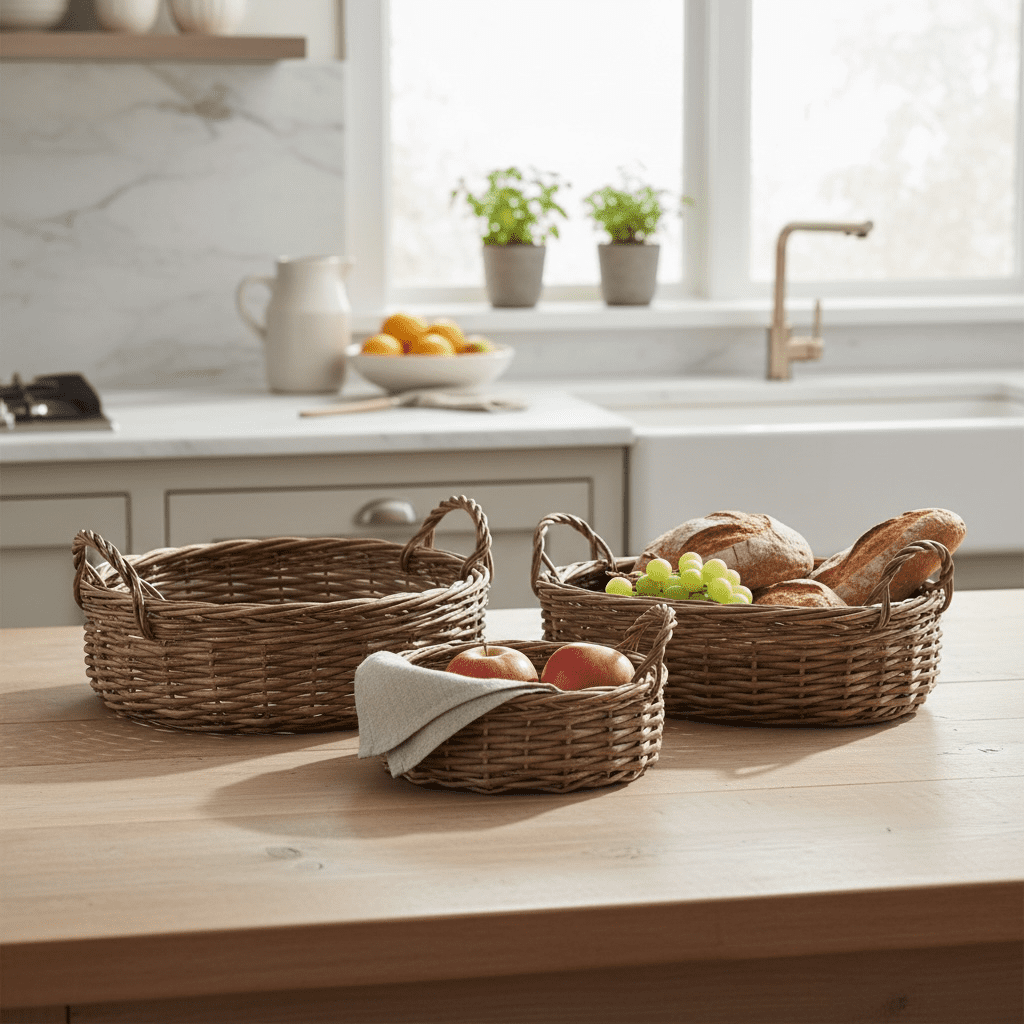 Set of 3 Rustic Woven Round Storage Baskets 4 Set of 3 Rustic Woven Round Storage Baskets