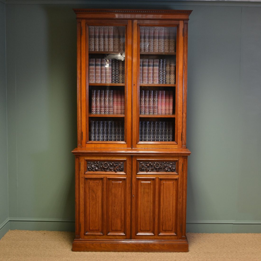 English Cabinet Makers - A to Z. 22 High Quality Victorian Warm Walnut Antique Bookcase on Cupboard by Edwards & Sons
