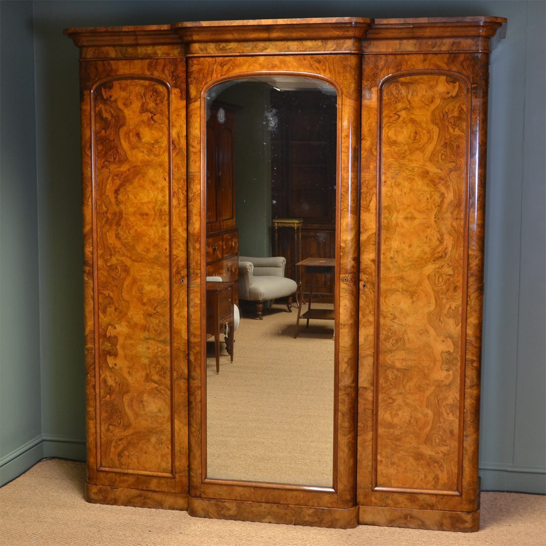 Magnificent Large Victorian Figured Walnut Antique Triple Wardrobe