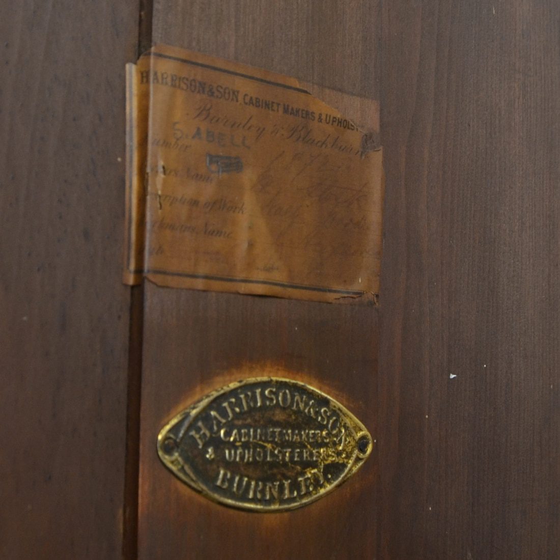 English Cabinet Makers - A to Z. 35 cabinet makers label Harrison & Son Burnley